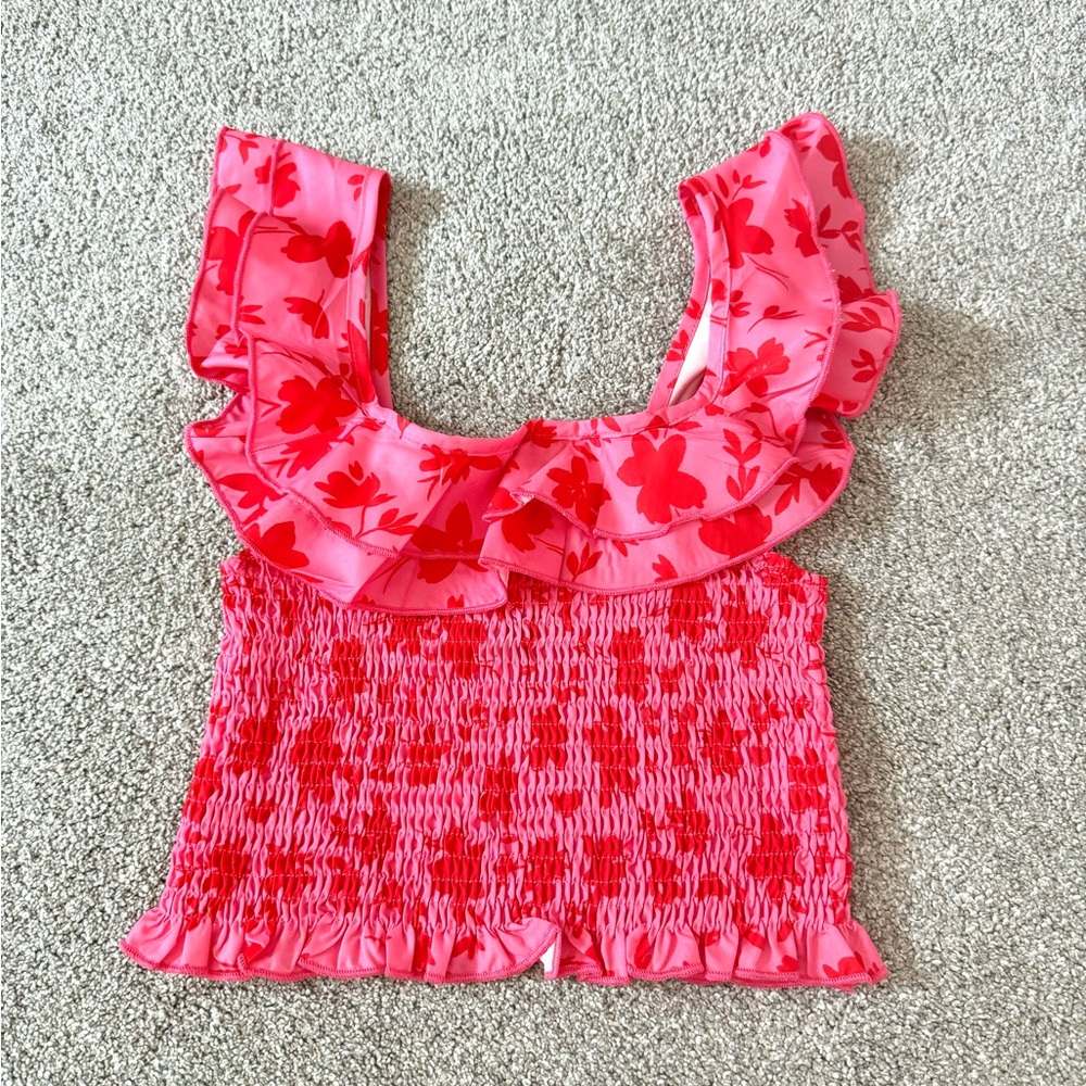✨Pink Floral Print Smocked Ruffle Trim Top